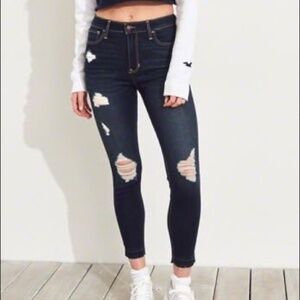 Hollister Jeans Dark Blue Distressed High Rise Crop Super Skinny Stretch Jeans